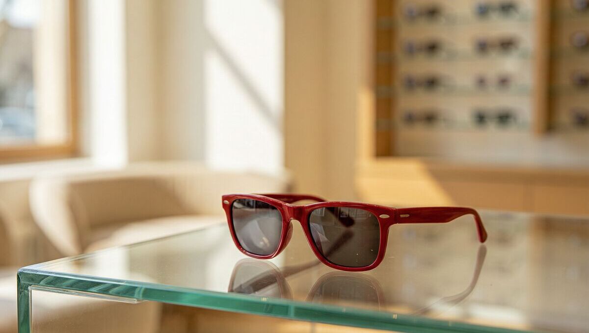 Armação vermelha com lentes transparentes sobre mesa de vidro, com expositor ao fundo